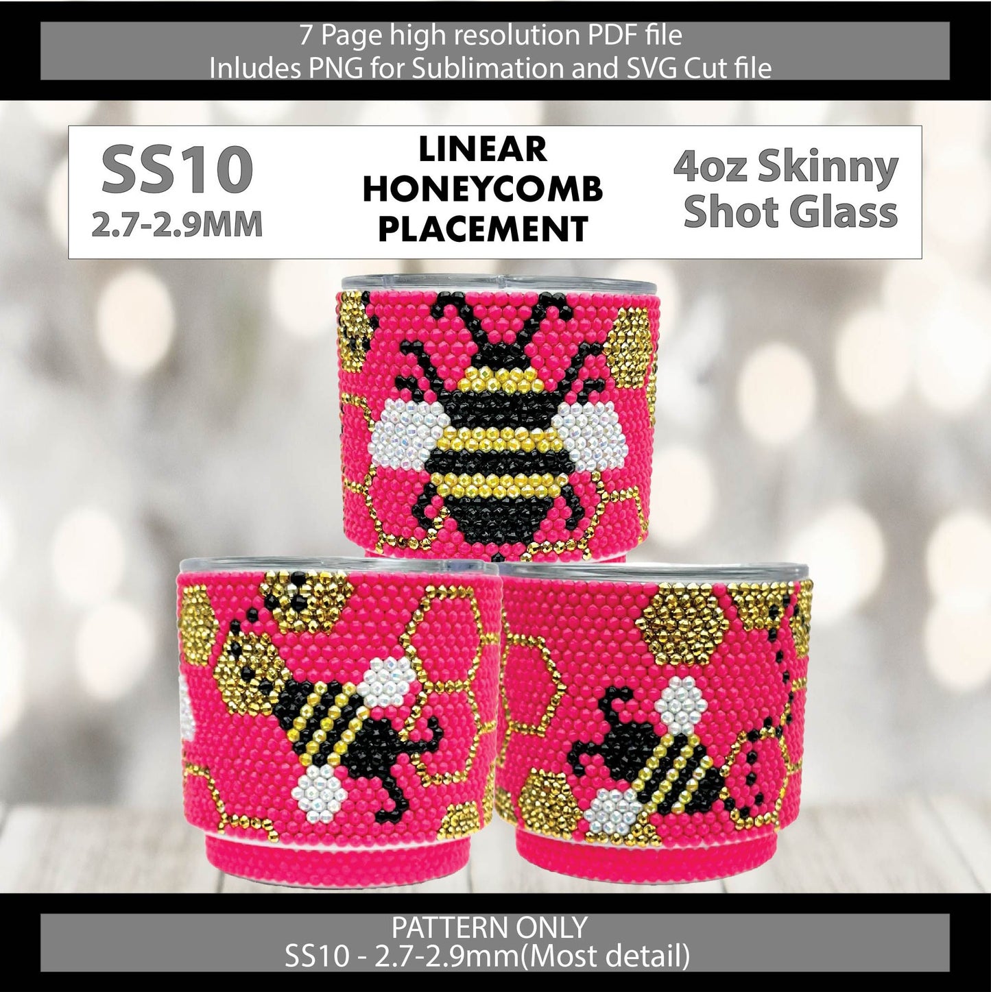SS10 (2.7-2.9mm) 4oz Hot Pink HoneyBee Mini Skinny Tumbler,rhintestone template,bling graph,tumbler wrap,bling sublimation,PNG,pdf,svg,diy,golden honeycomb