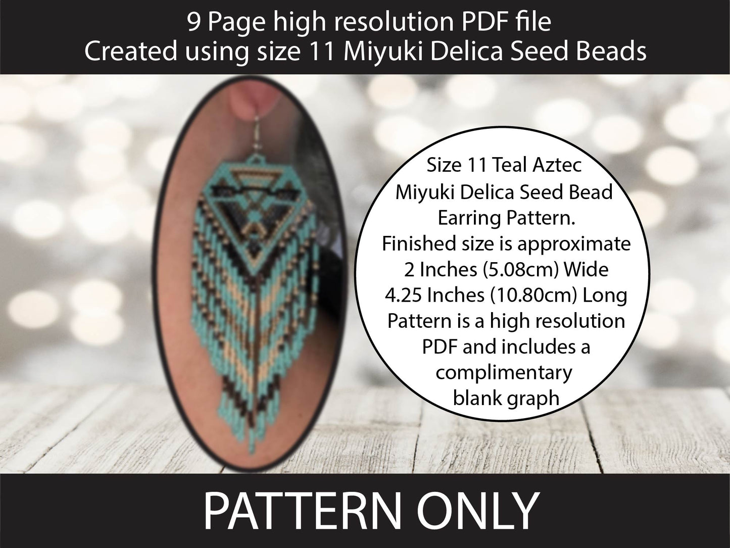 Teal Aztec brick stitch fringe miyuki delica seed bead earring pattern,size 11 seed beads,square stitch,pattern,diy,blue seed bead