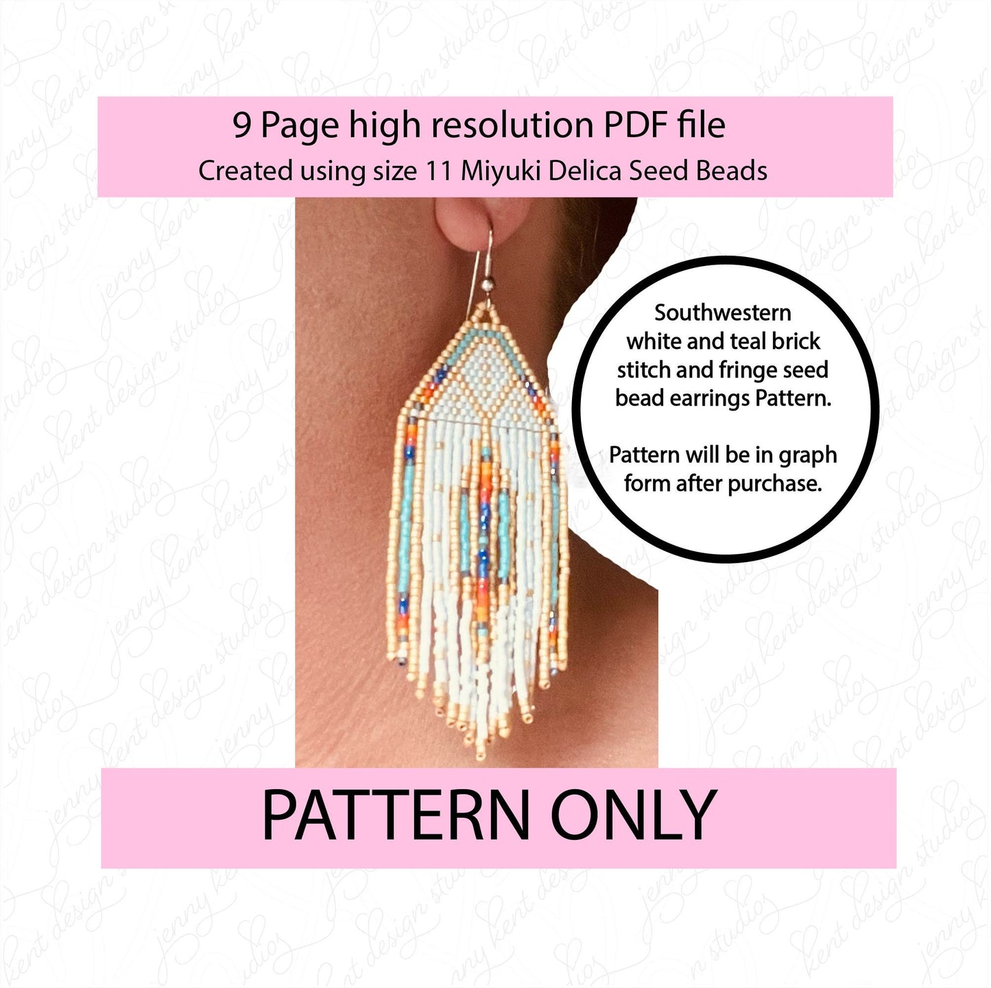 Southwestern white and teal brick stitch and fringe miyuki delica seed bead earring pattern,size 11 seed beads,square stitch,pattern,diy,
