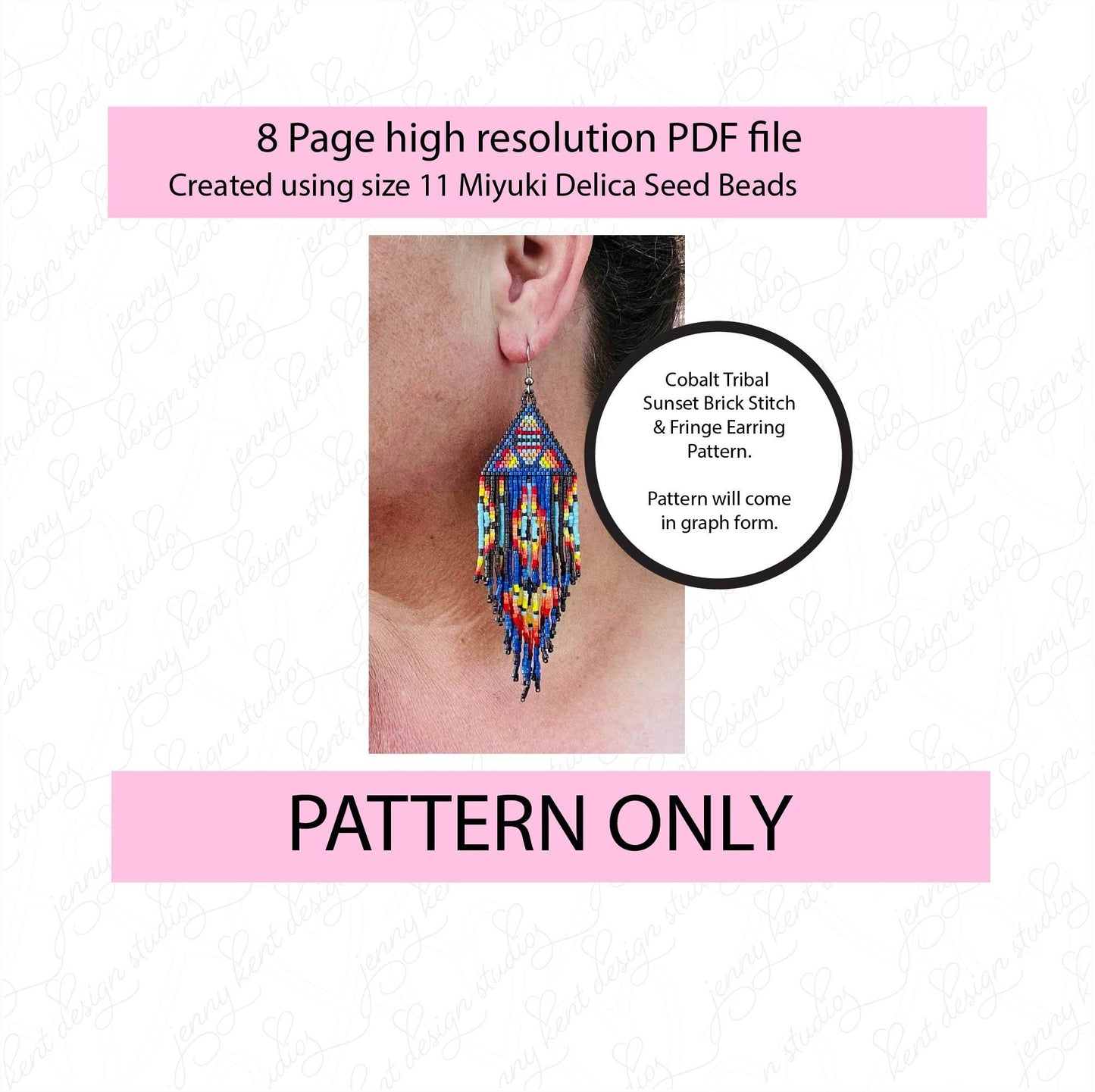 Cobalt Tribal Sunset brick stitch fringe miyuki delica seed bead earring pattern,size 11 seed beads,square stitch,pattern,diy,blue seed bead