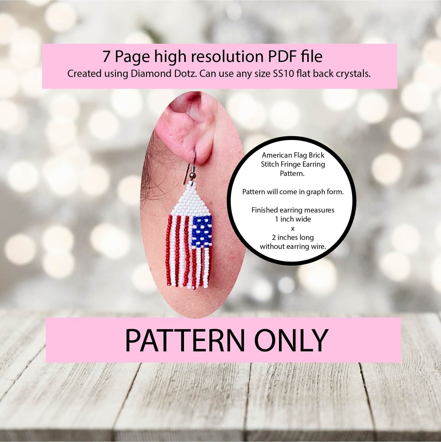 Short American Flag brick stitch and fringe Preciosa Ornela earring pattern,size 11 seed bead,square stitch,pattern,diy,beadweaving,patriot