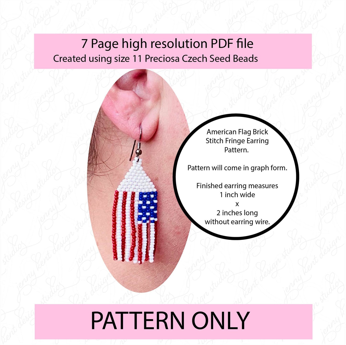 Short American Flag brick stitch and fringe Preciosa Ornela earring pattern,size 11 seed bead,square stitch,pattern,diy,beadweaving,patriot
