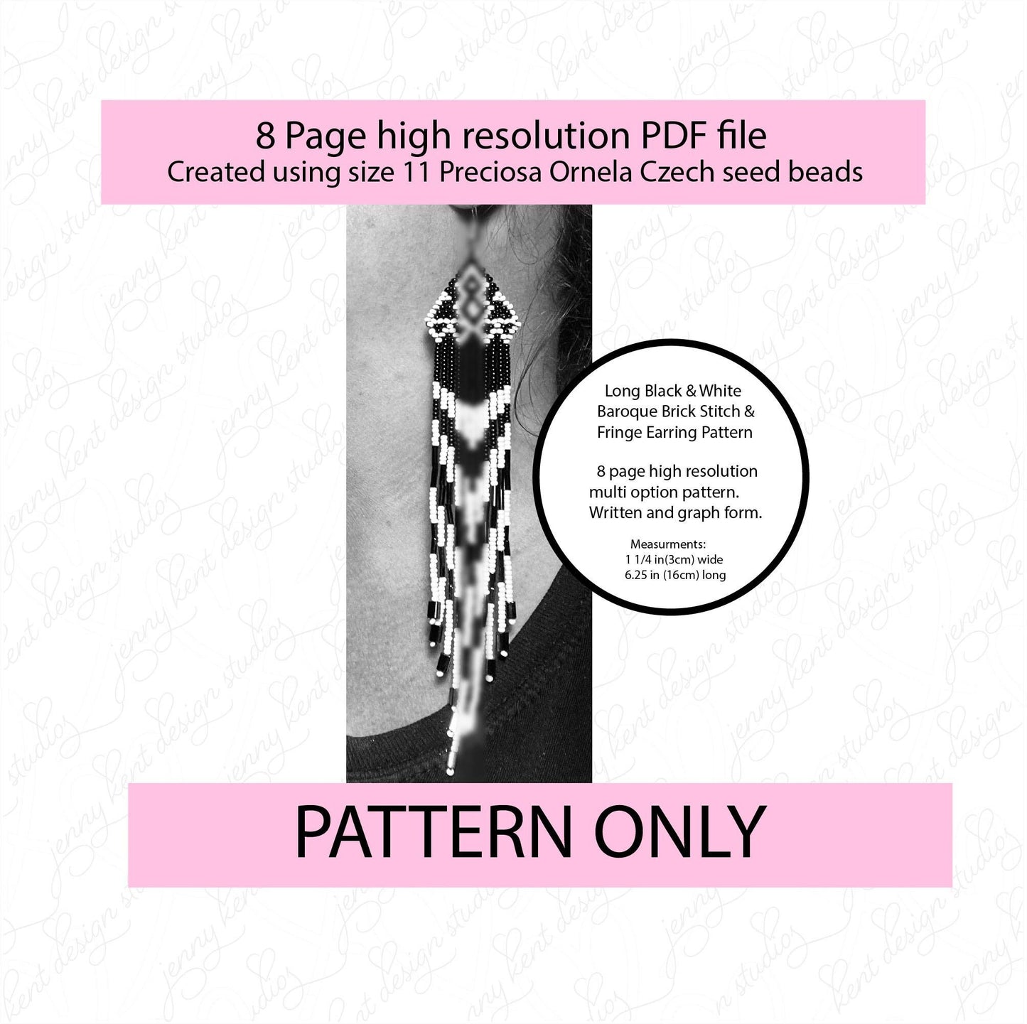 Baroque Black & White LONG brick stitch and fringe Preciosa Ornela earring pattern,size 11 seed bead,square stitch,pattern,diy,beadweaving