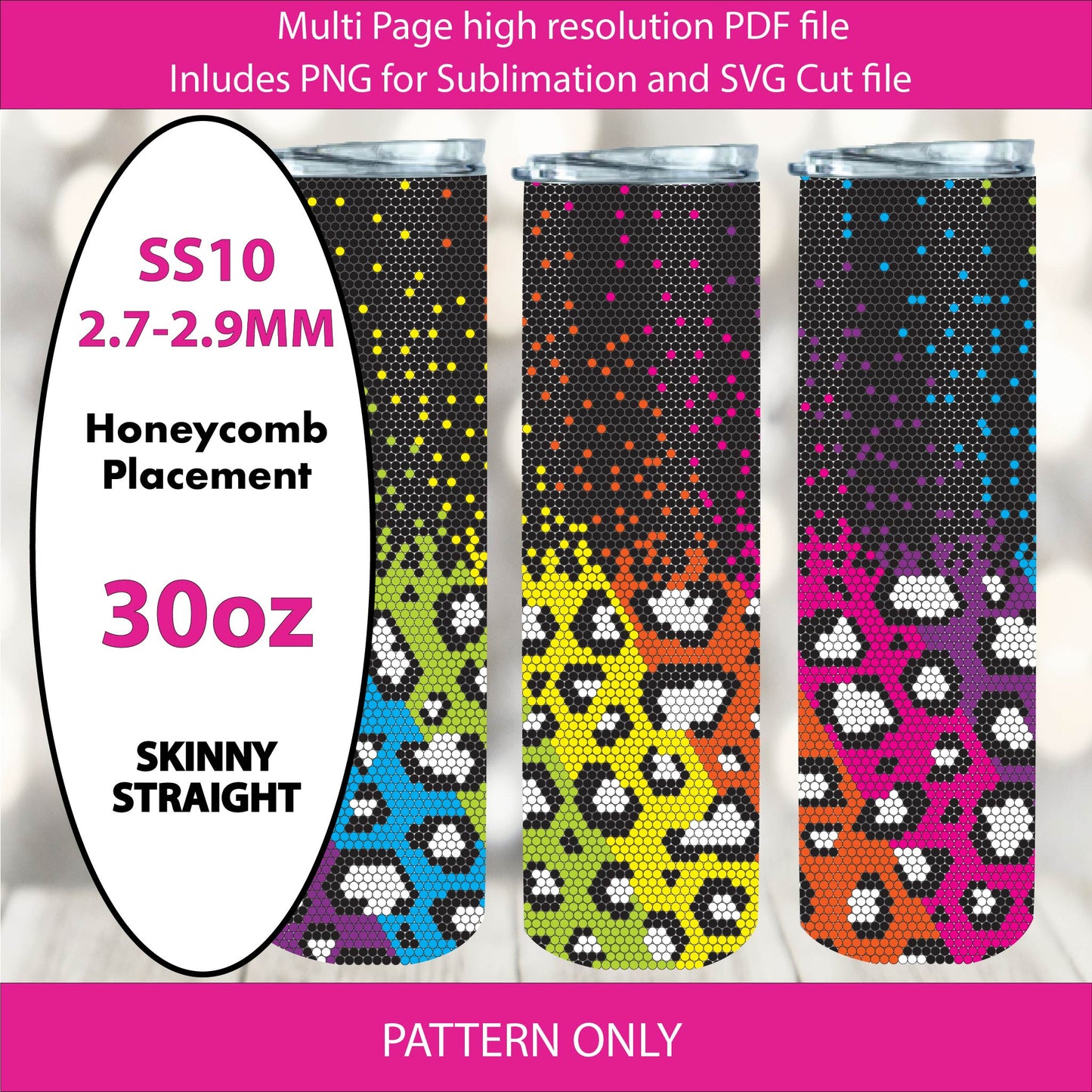 SS10 (2.7-2.9mm) 30OZ Neon Pixel Burst Leopard Bling Tumbler,Bling graph,linear placement,sublimation,gifts for her,DIY