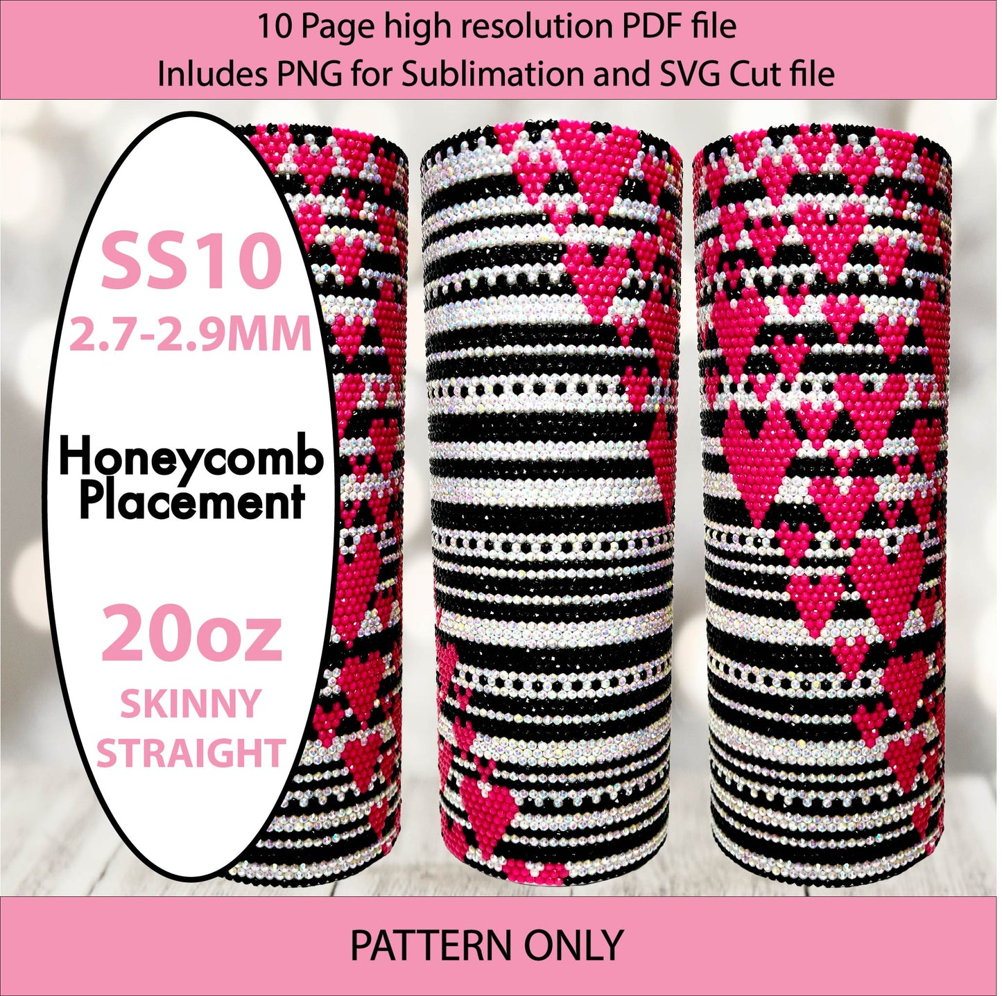 SS10 (2.7-2.9mm) Hot Pink Serape Hearts bling tumbler,bling pattern,tumbler graph,rhinestone tumbler,honeycomb template,dotz,valentines day,pink serape,heart template