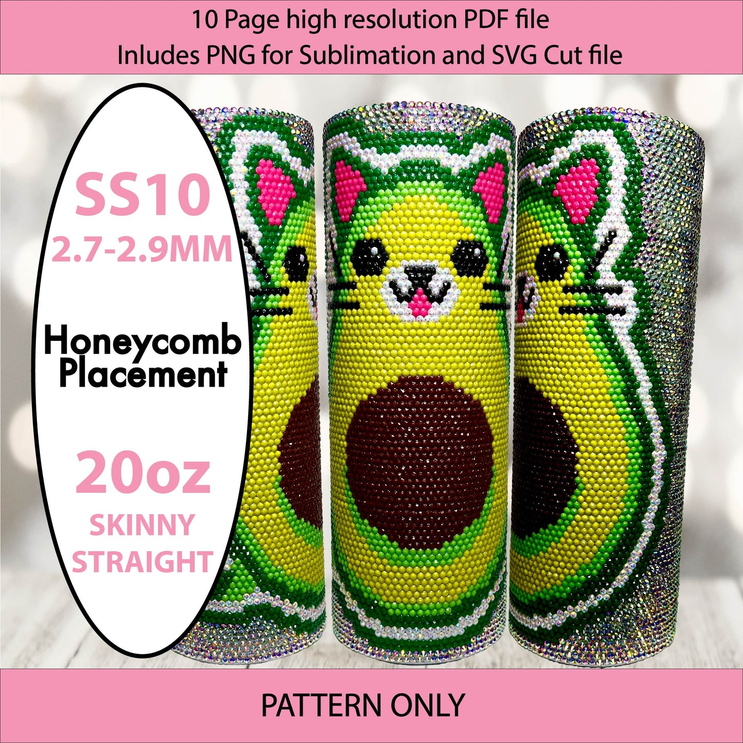 SS10 (2.7-2.9mm) Cat-Vocado bling tumbler,rhintestone template,bling graph,tumbler wrap,bling sublimation,PNG,pdf,svg,diy,cute fruit,kawaii avocado, kawaii cat