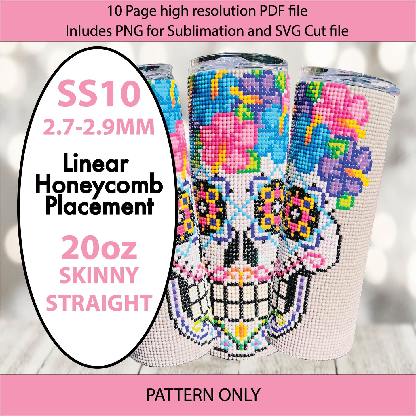 SS10 (2.7-2.9mm) Floral Sugar Skull bling tumbler,halloween,Day of the dead,bling pattern,tumbler graph,rhinestone tumbler,linear template,linear,dotz