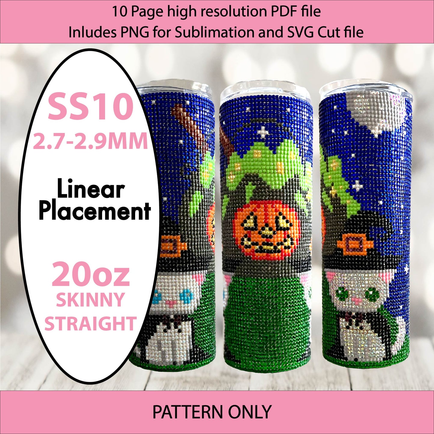 SS10 (2.7-2.9mm) Kitten Cauldron bling tumbler,bling pattern,bling tumbler graph,rhinestone tumbler,linear tumbler template,halloween bling,scary trees