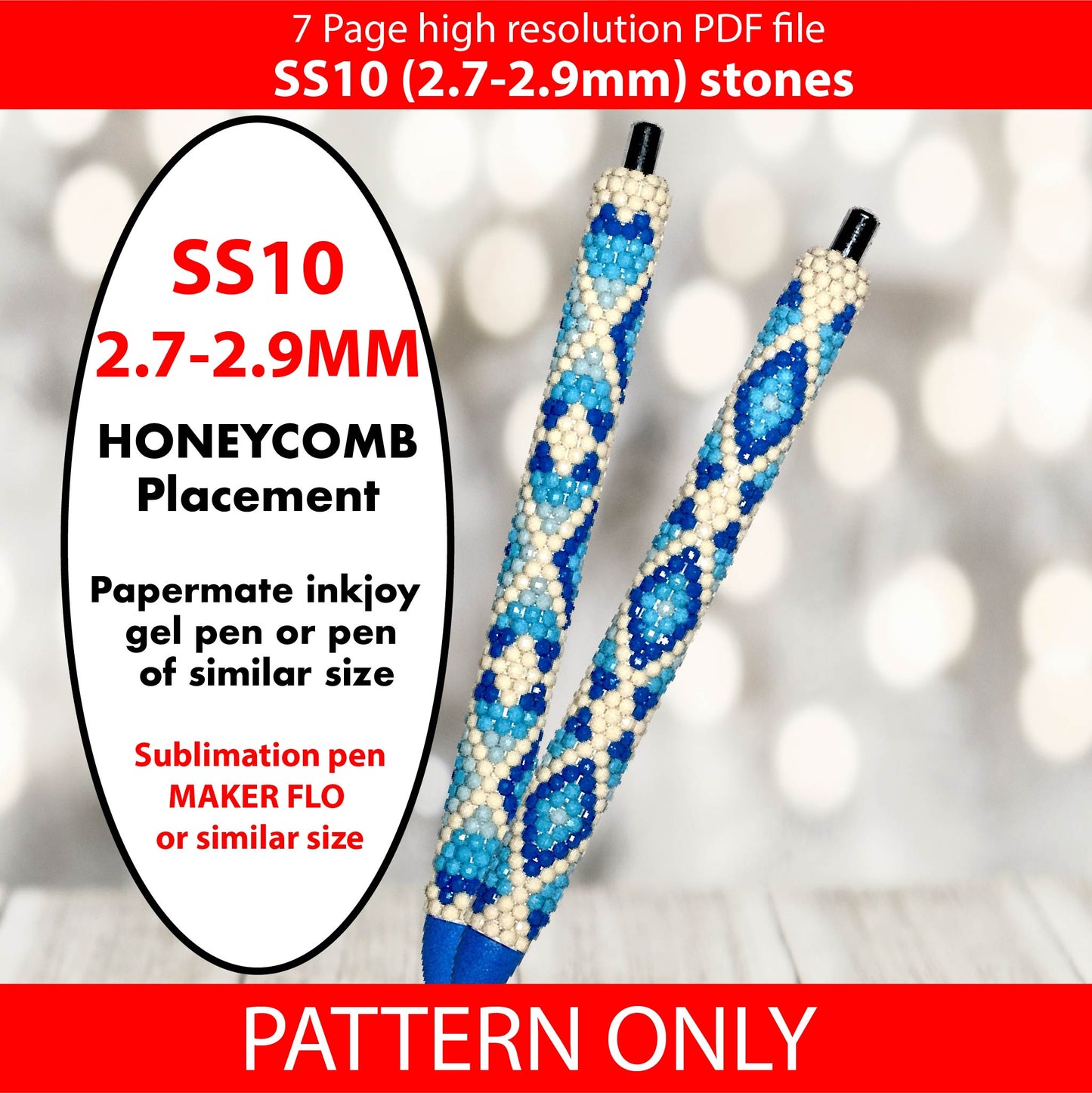 SS10 (2.7-2.9mm) Blue Heart Melt bling pen template,rhinestone pen pattern,bling pattern,rhinestone template,diy,dotz,abstract hearts pattern,honeycomb,blue