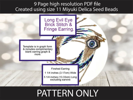 Long Evil Eye brick stitch fringe miyuki delica seed bead earring pattern,size 11 seed beads,square stitch,pattern,diy,blue seed bead