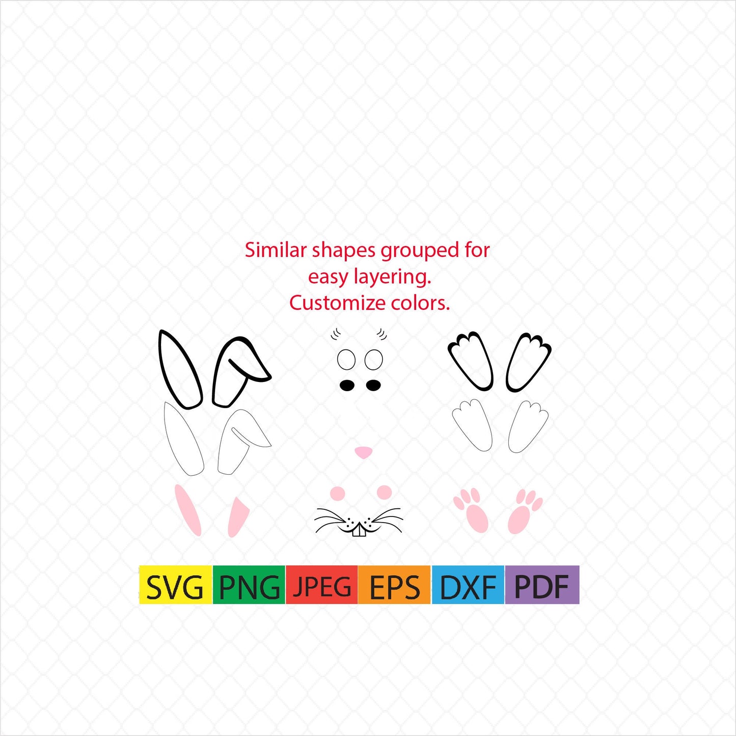 Easter bunny face,ears,feet,rabbit,holiday,basket,easter basket,cute,pink,carrot,decal,vinyl,cricut,silhouette,svg,png,eps,dxf,jpg,pdf,print