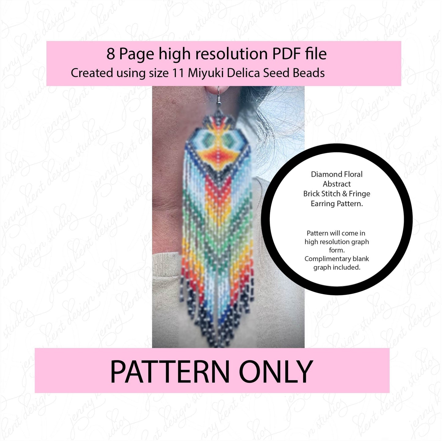 Diamond floral abstract brick stitch fringe miyuki delica seed bead earring pattern,size 11 seed beads,square stitch,pattern,diy,blue beads