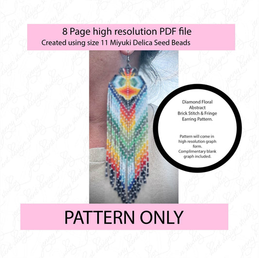 Diamond floral abstract brick stitch fringe miyuki delica seed bead earring pattern,size 11 seed beads,square stitch,pattern,diy,blue beads