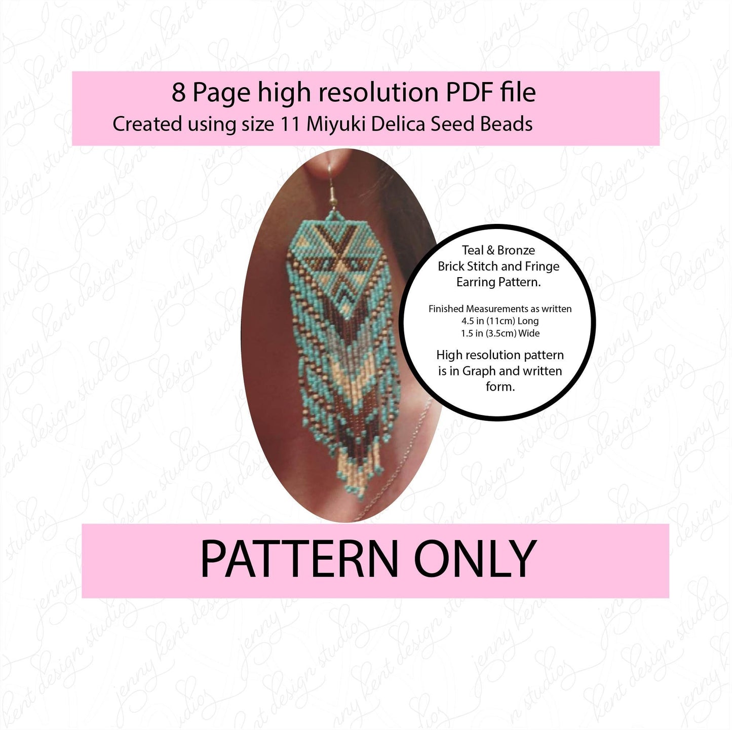 Abstract Teal and Bronze brick stitch and fringe miyuki delica seed bead earring pattern,size 11 seed beads,square stitch,pattern,diy,