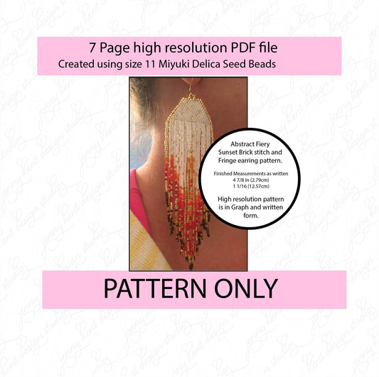 Abstract Fiery Sunset brick stitch and fringe miyuki delica seed bead earring pattern,size 11 seed beads,square stitch,pattern,diy,template