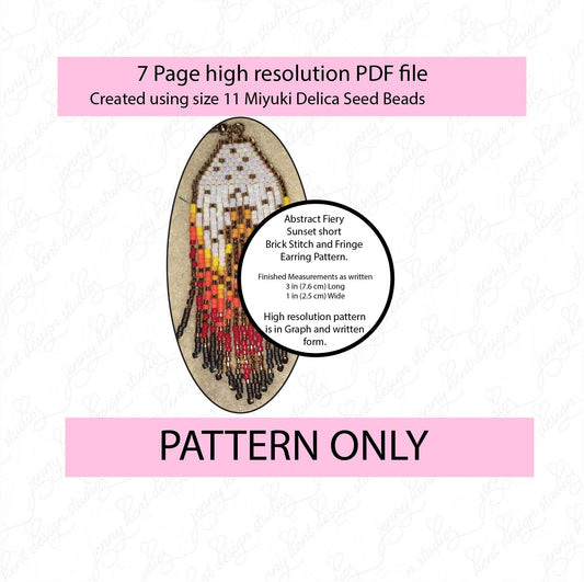 Abstract Fiery Sunset brick stitch and fringe miyuki delica short earring pattern,size 11 seed beads,square stitch,pattern,diy,template